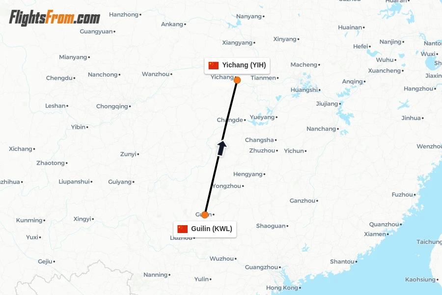 Flights from Guilin to Yichang route map