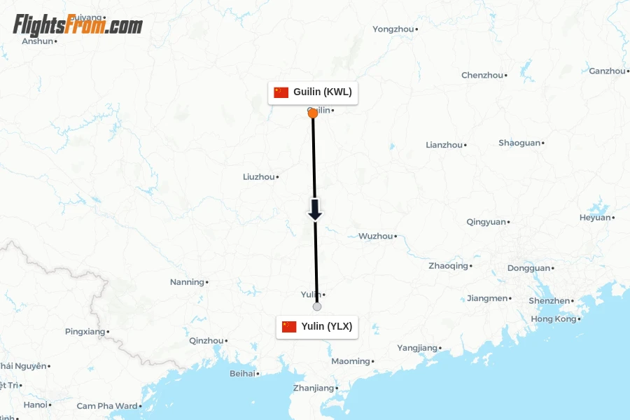 Flights from Guilin to Yulin route map