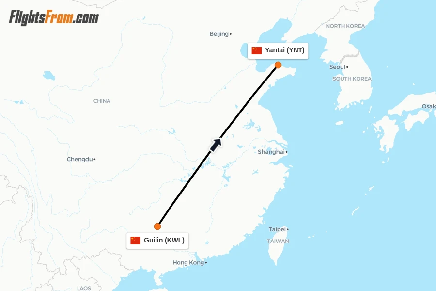 Flights from Guilin to Yantai route map