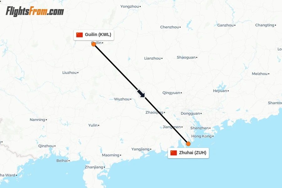 Flights from Guilin to Zhuhai route map
