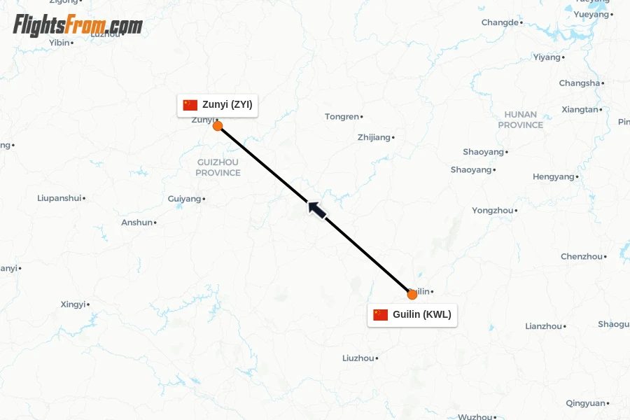 Flights from Guilin to Zunyi route map