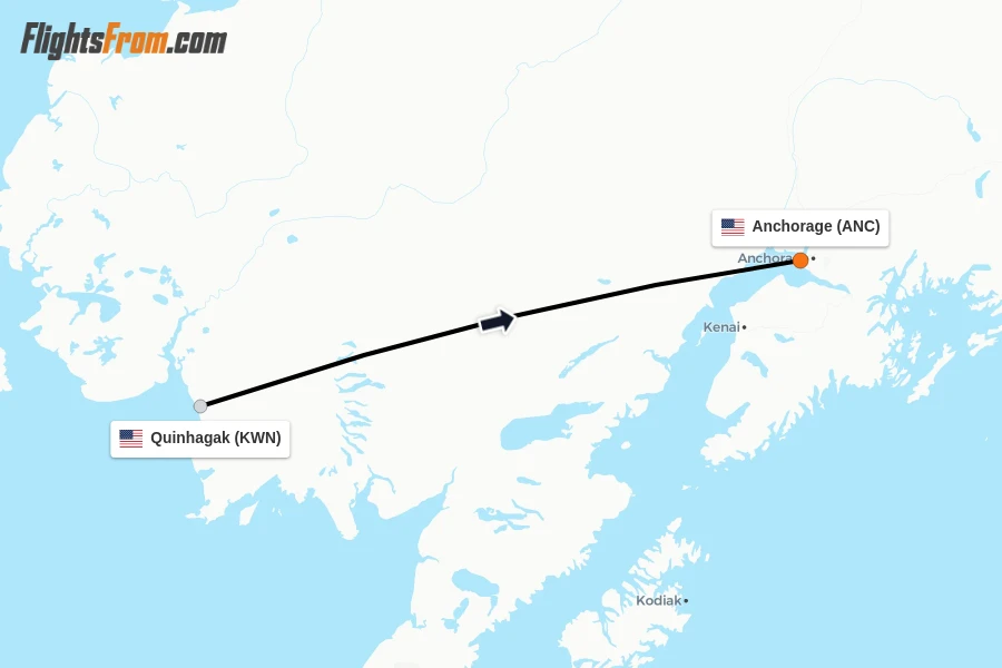 Flights from Quinhagak to Anchorage route map