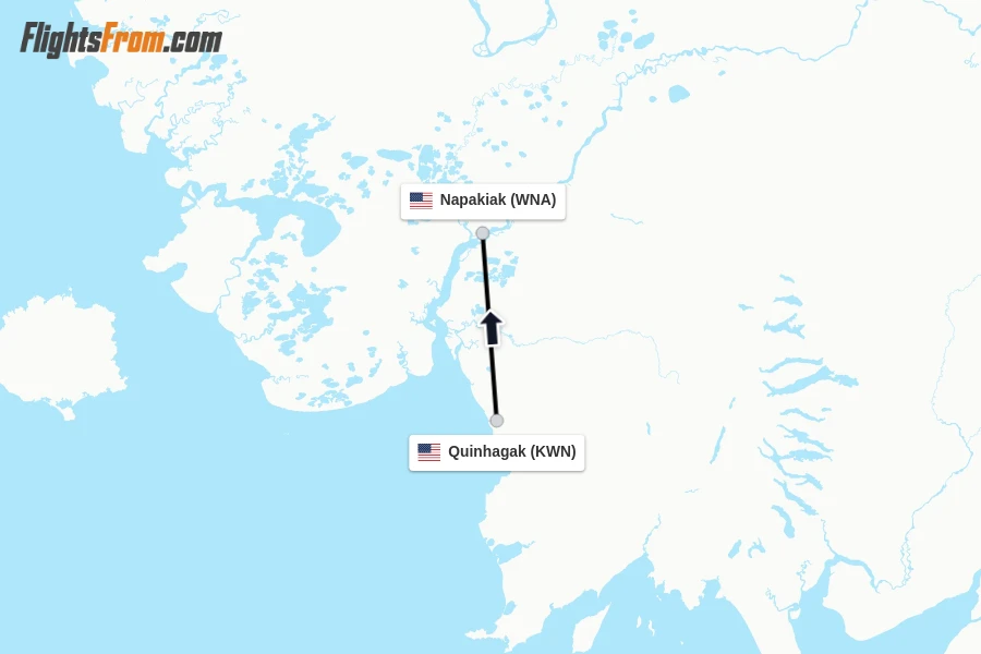 Flights from Quinhagak to Napakiak route map