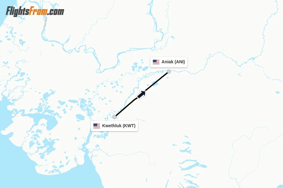 Flights from Kwethluk to Aniak route map