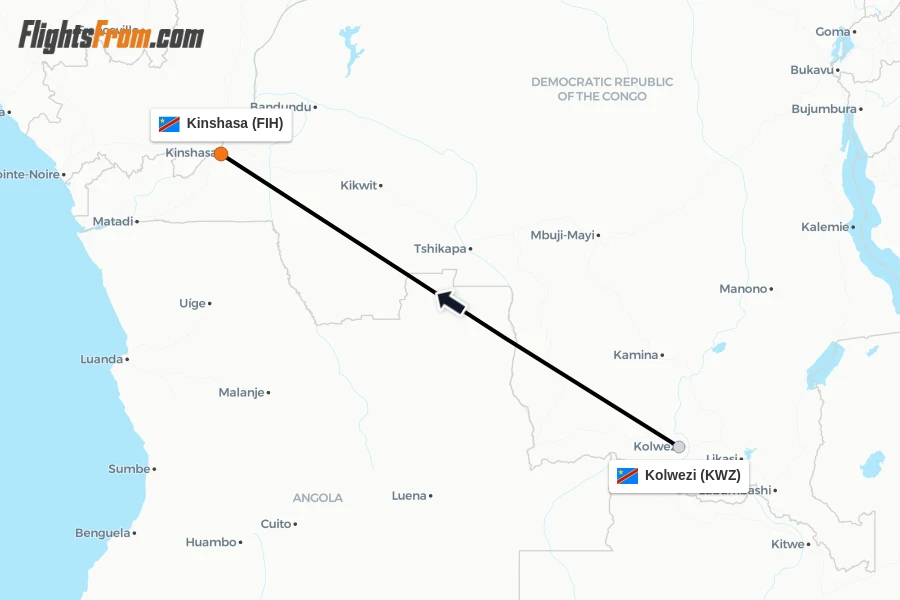 Flights from Kolwezi to Kinshasa route map