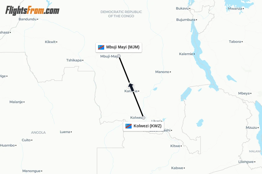 Flights from Kolwezi to Mbuji Mayi route map