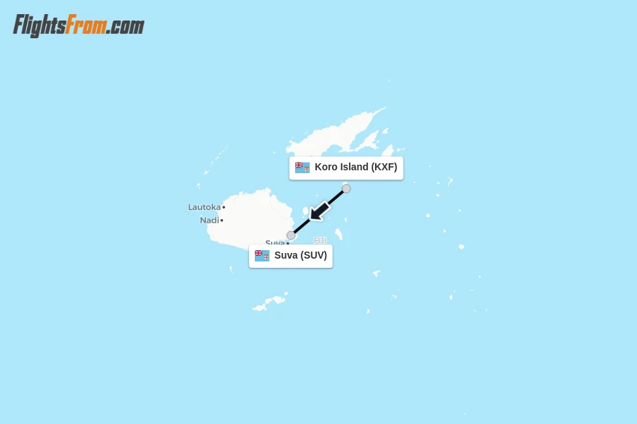 Flights from Koro Island to Suva route map