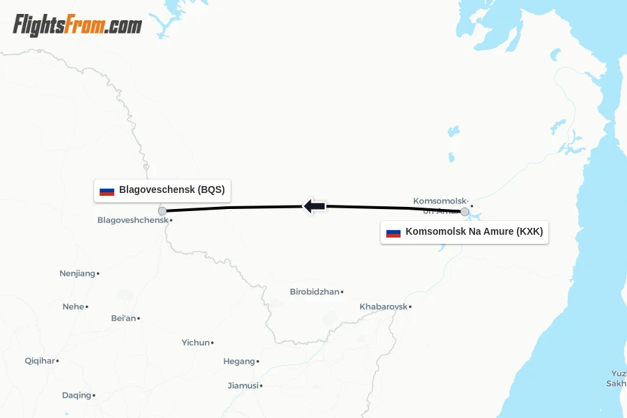 Flights from Komsomolsk Na Amure to Blagoveschensk route map