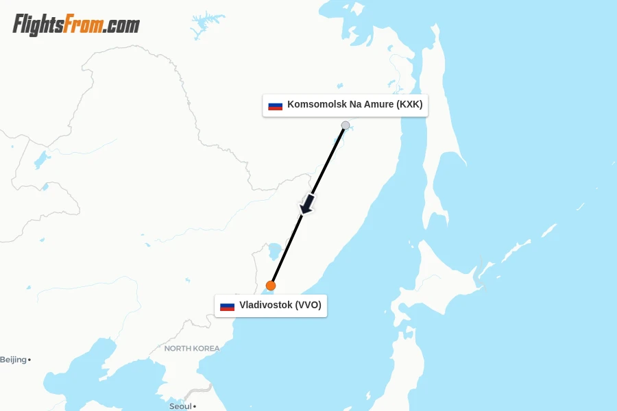 Flights from Komsomolsk Na Amure to Vladivostok route map