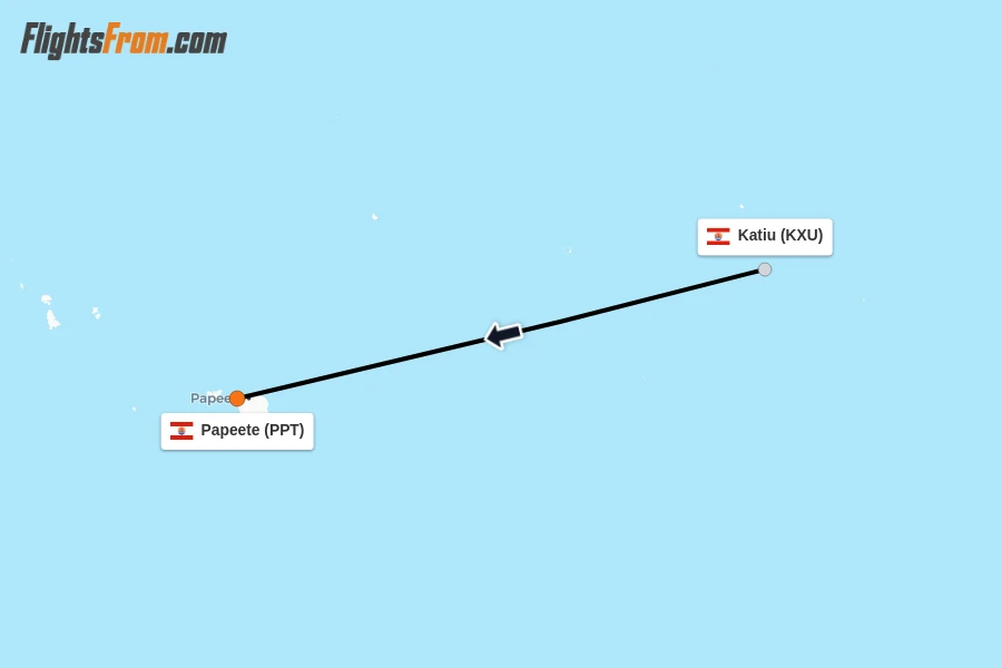 Flights from Katiu to Papeete route map