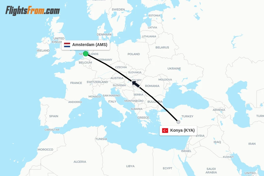 Flights from Konya to Amsterdam route map
