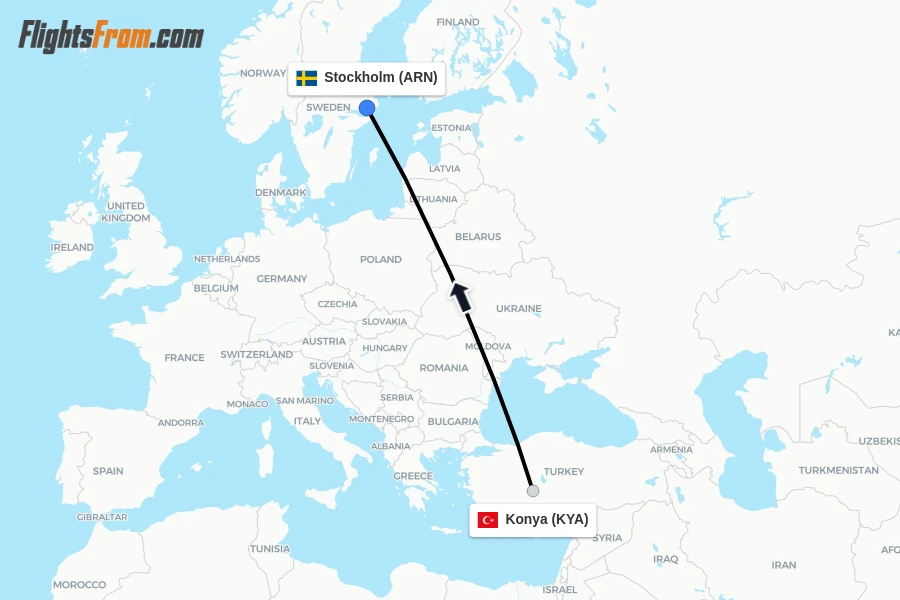 Flights from Konya to Stockholm route map