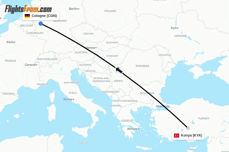 Flights from Konya to Cologne route map