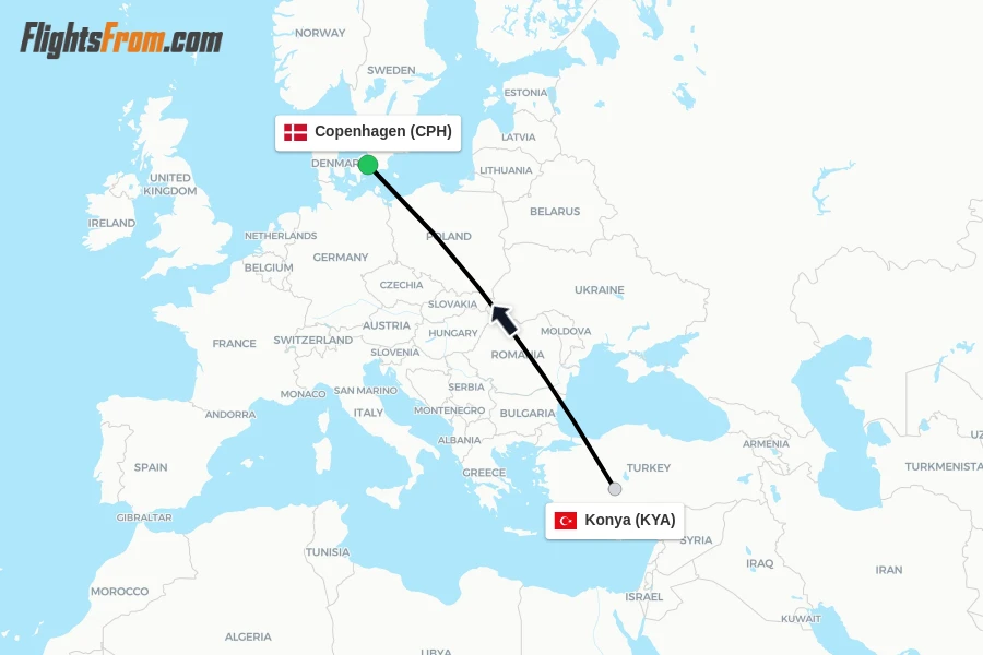Flights from Konya to Copenhagen route map