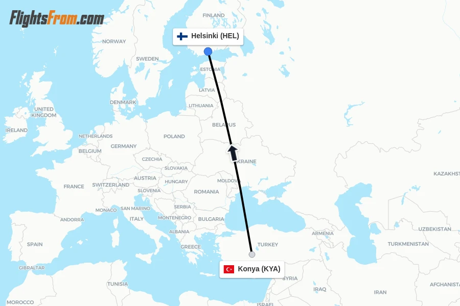 Flights from Konya to Helsinki route map
