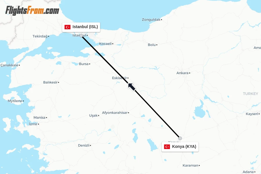 Flights from Konya to Istanbul route map
