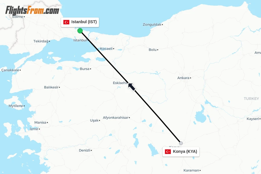 Flights from Konya to Istanbul route map