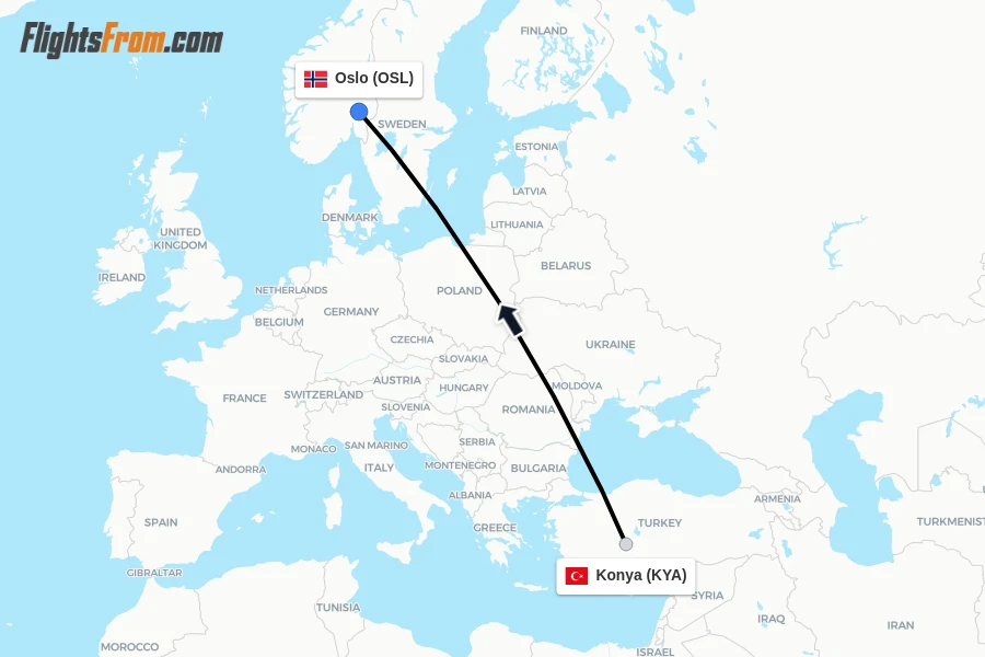 Flights from Konya to Oslo route map