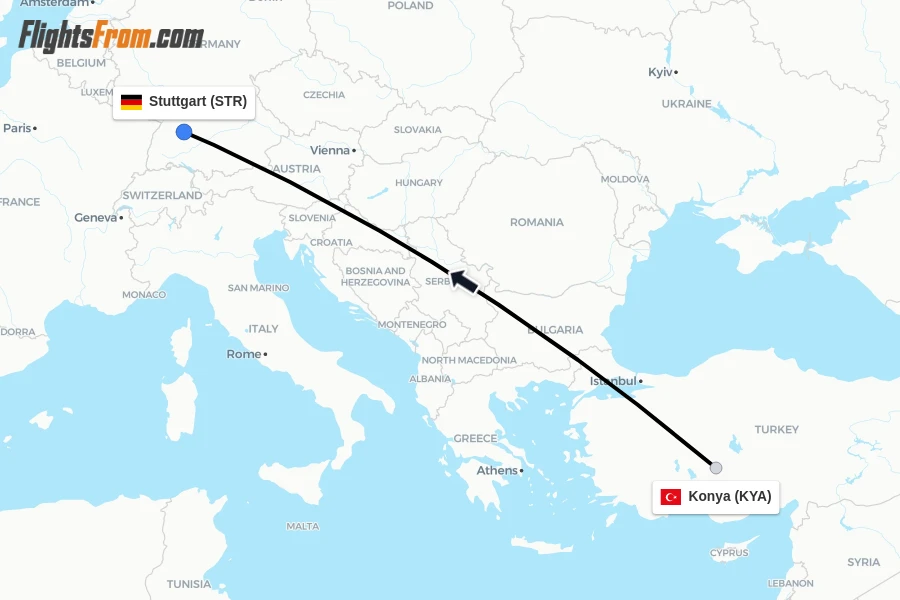 Flights from Konya to Stuttgart route map