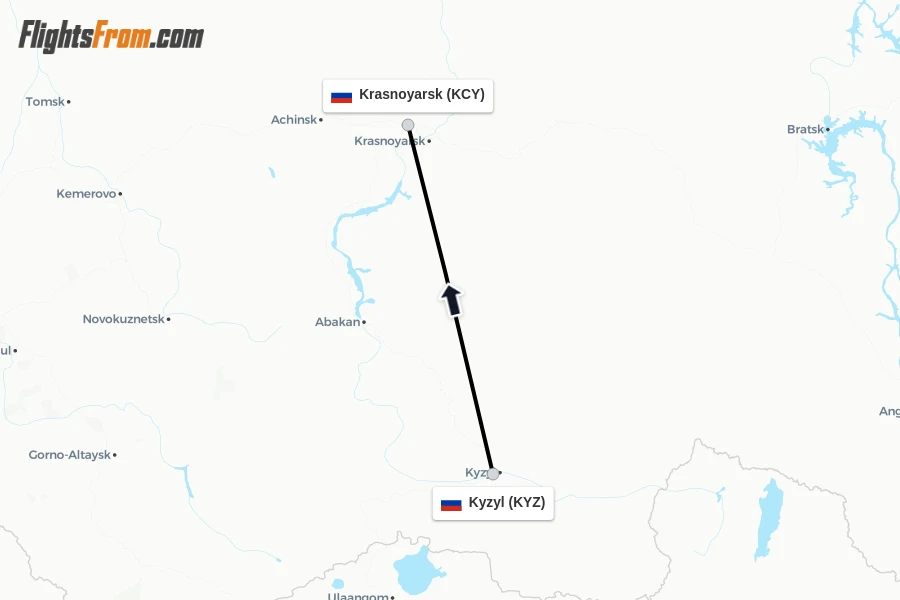 Flights from Kyzyl to Krasnoyarsk route map