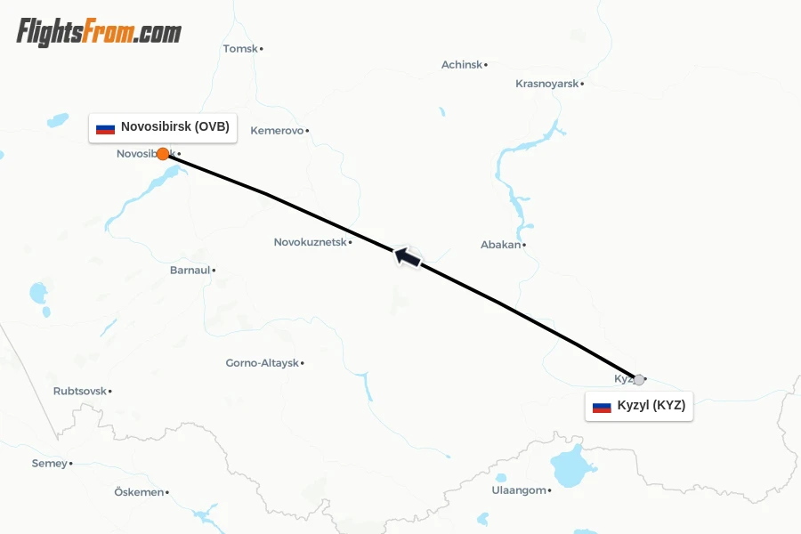 Flights from Kyzyl to Novosibirsk route map