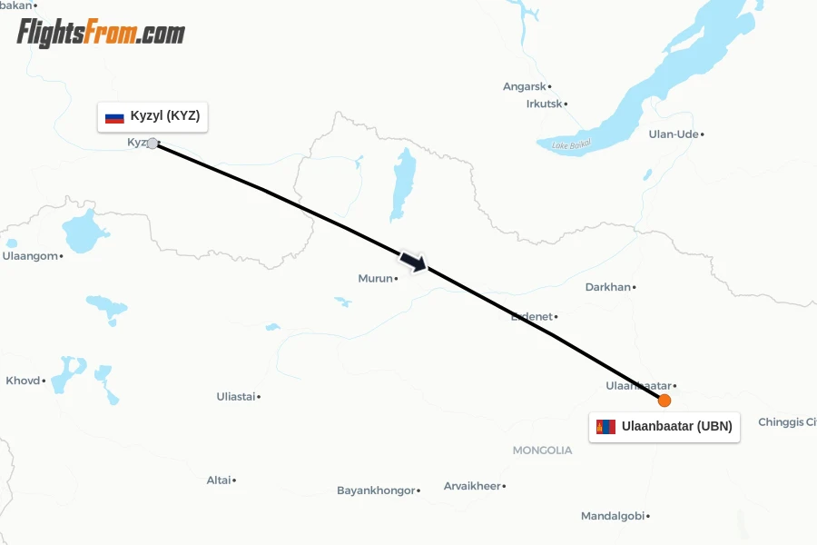 Flights from Kyzyl to Ulaanbaatar route map