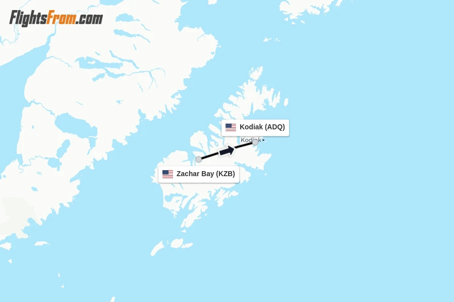 Flights from Zachar Bay to Kodiak route map