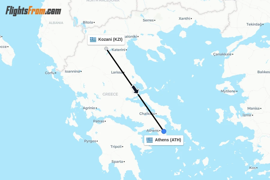 Flights from Kozani to Athens route map