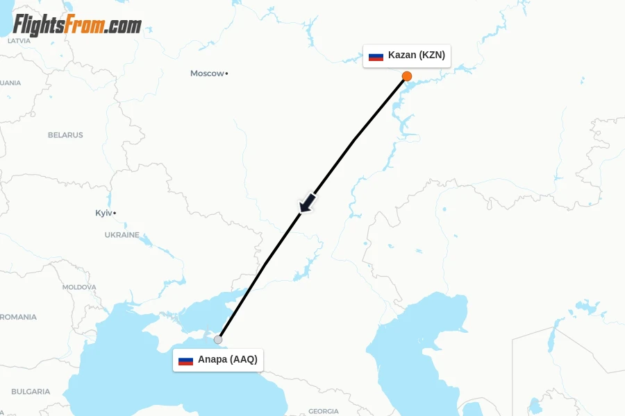 Flights from Kazan to Anapa route map