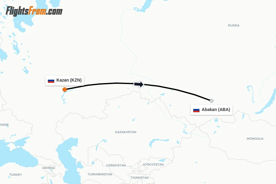 Flights from Kazan to Abakan route map