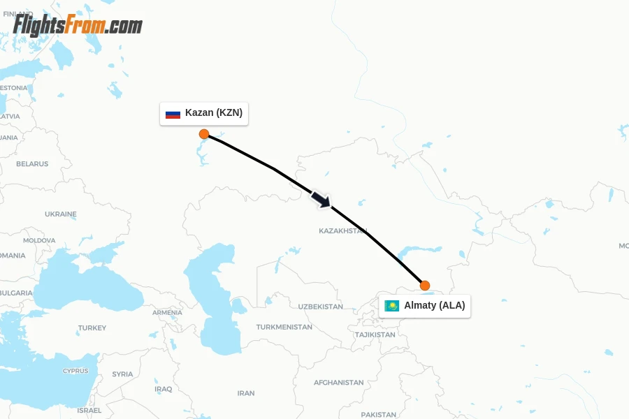 Flights from Kazan to Almaty route map