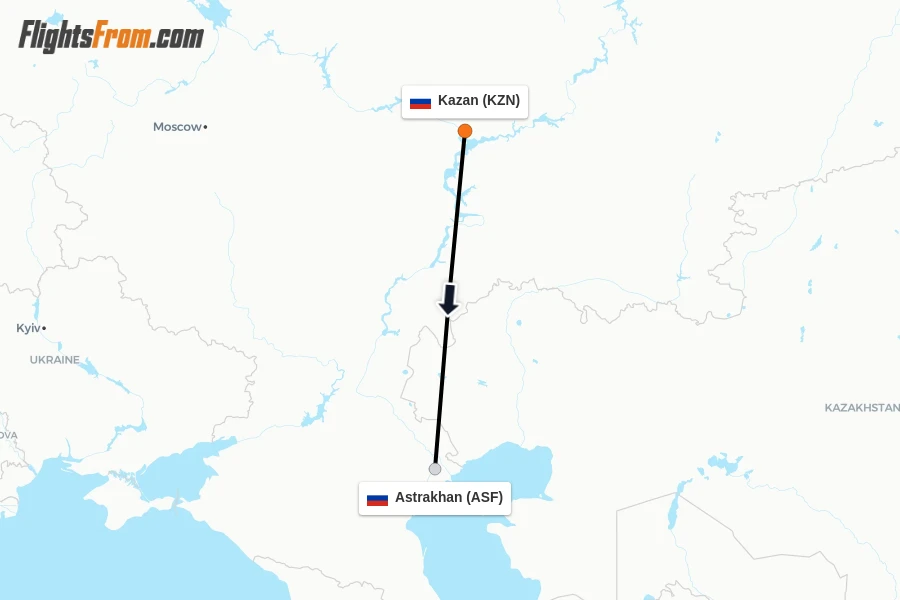 Flights from Kazan to Astrakhan route map