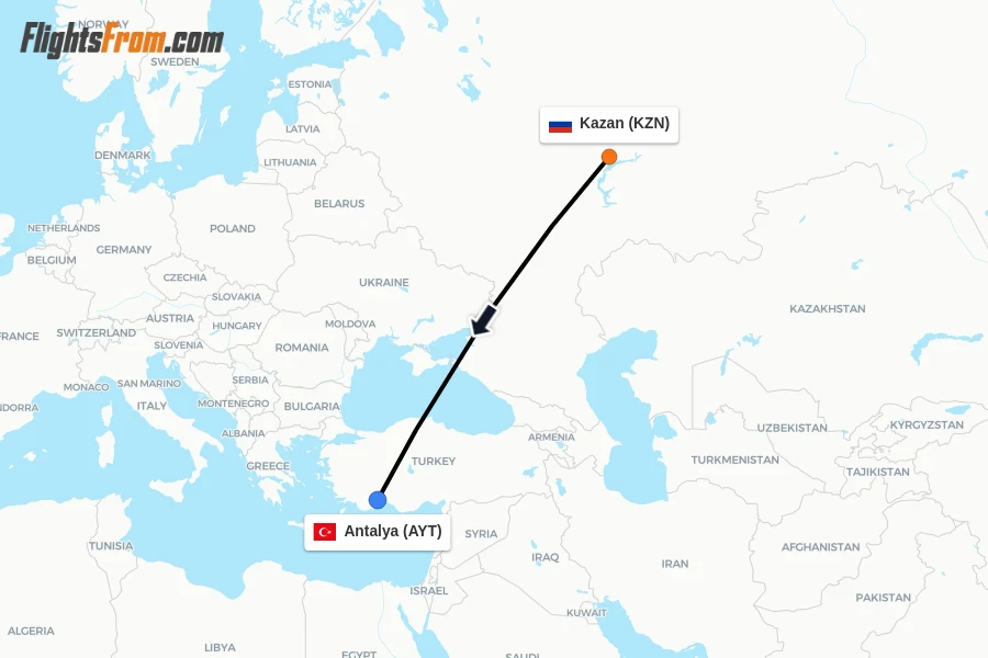 Flights from Kazan to Antalya route map