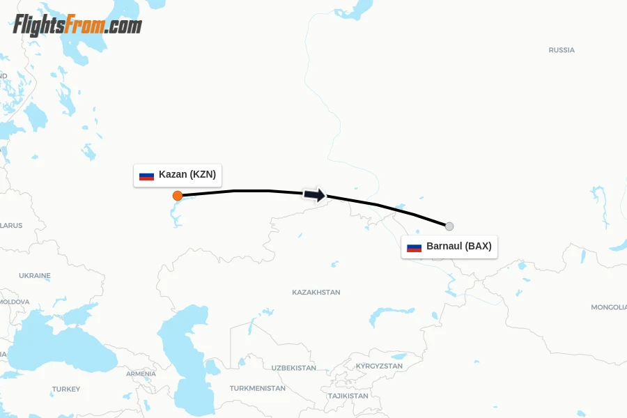 Flights from Kazan to Barnaul route map