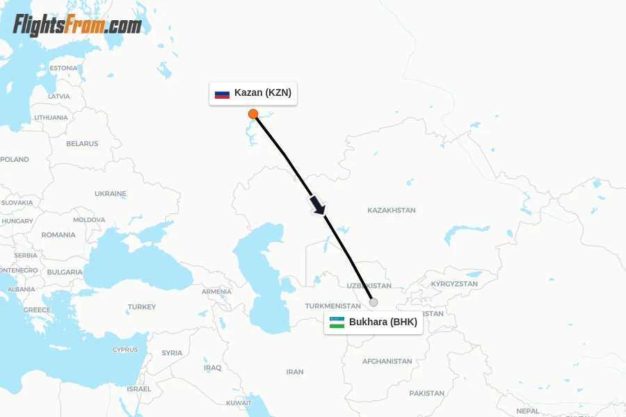Flights from Kazan to Bukhara route map