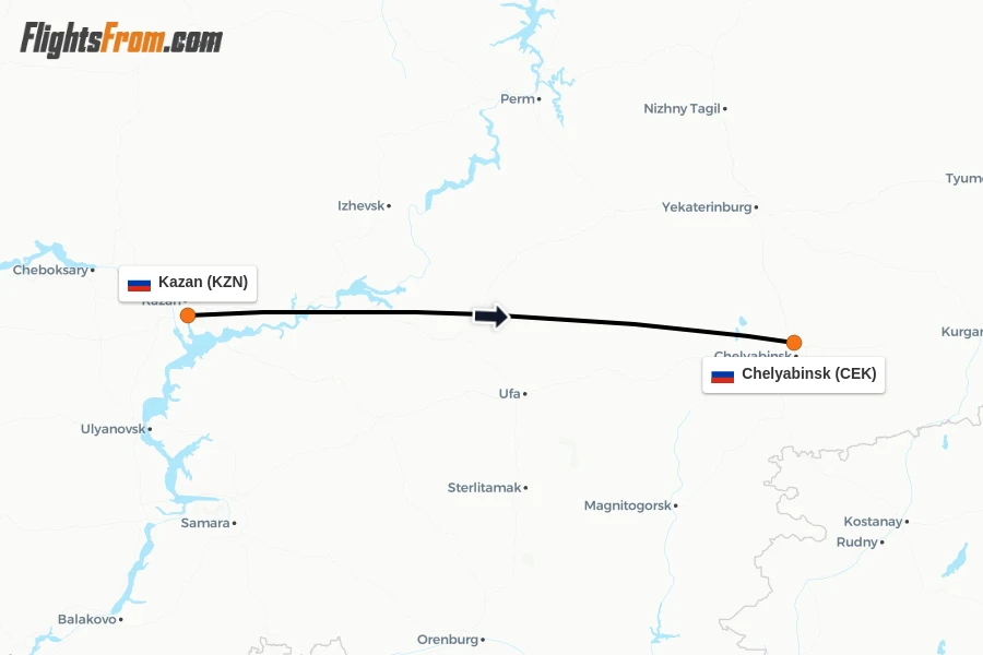 Flights from Kazan to Chelyabinsk route map