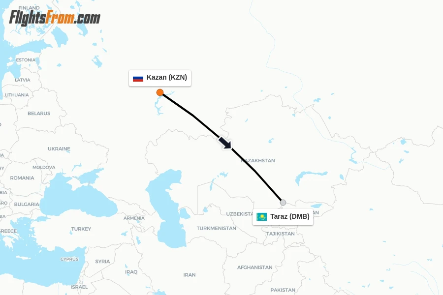 Flights from Kazan to Taraz route map