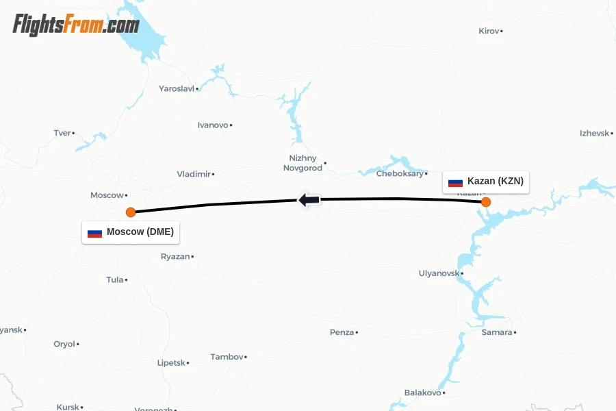 Flights from Kazan to Moscow route map