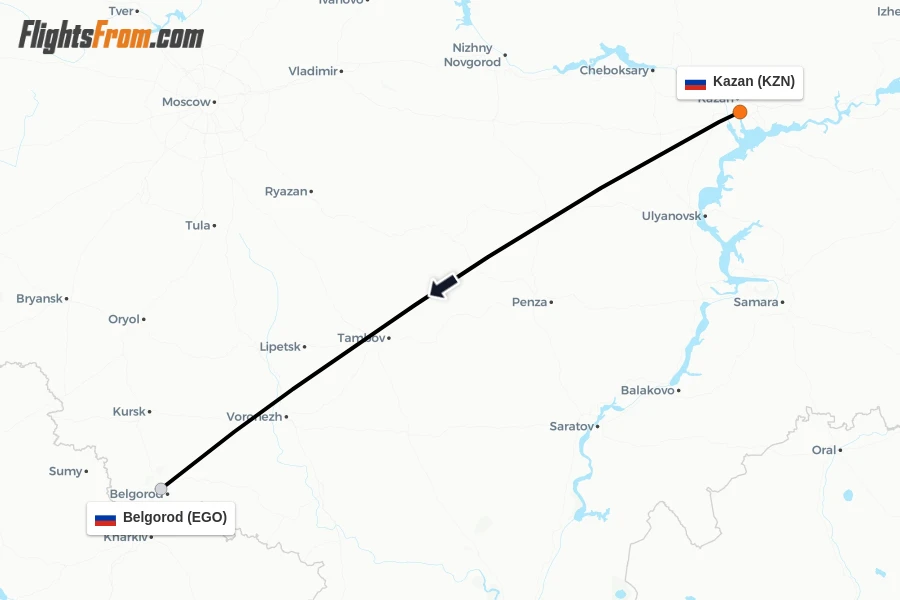 Flights from Kazan to Belgorod route map