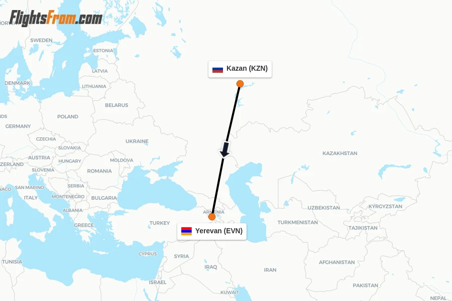 Flights from Kazan to Yerevan route map