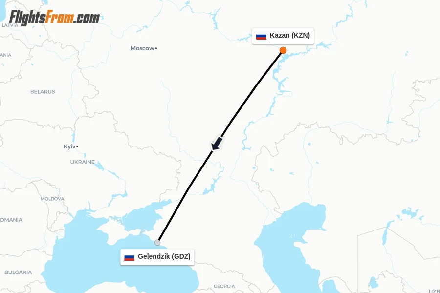 Flights from Kazan to Gelendzik route map