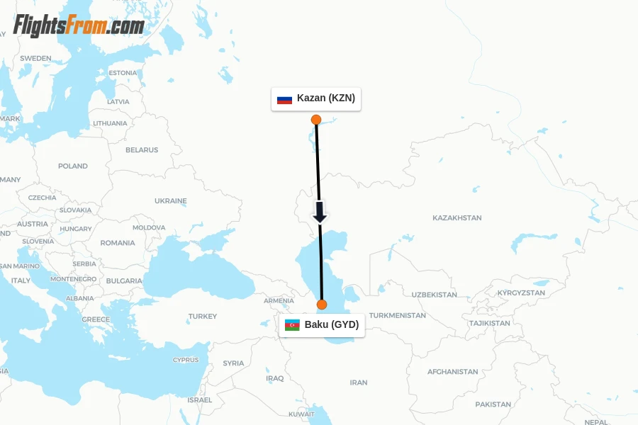 Flights from Kazan to Baku route map