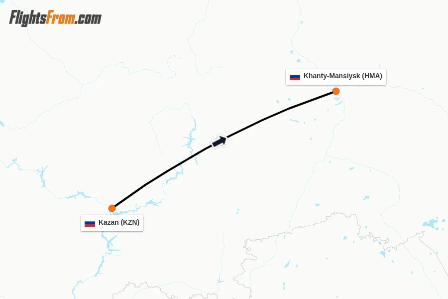 Flights from Kazan to Khanty-Mansiysk route map