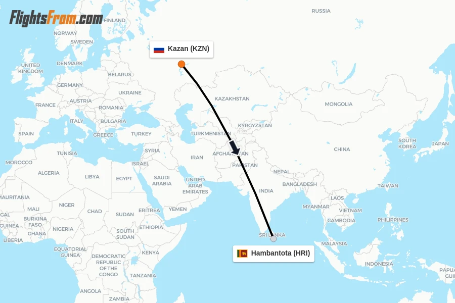 Flights from Kazan to Hambantota route map