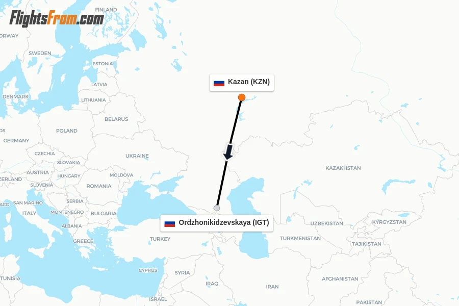Flights from Kazan to Ordzhonikidzevskaya route map