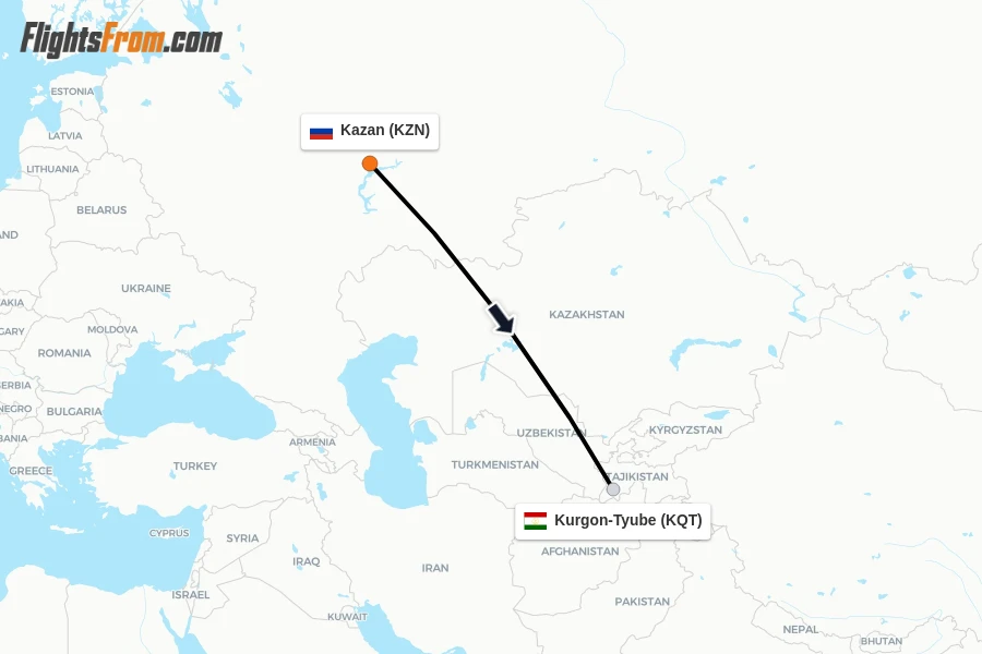 Flights from Kazan to Kurgon-Tyube route map