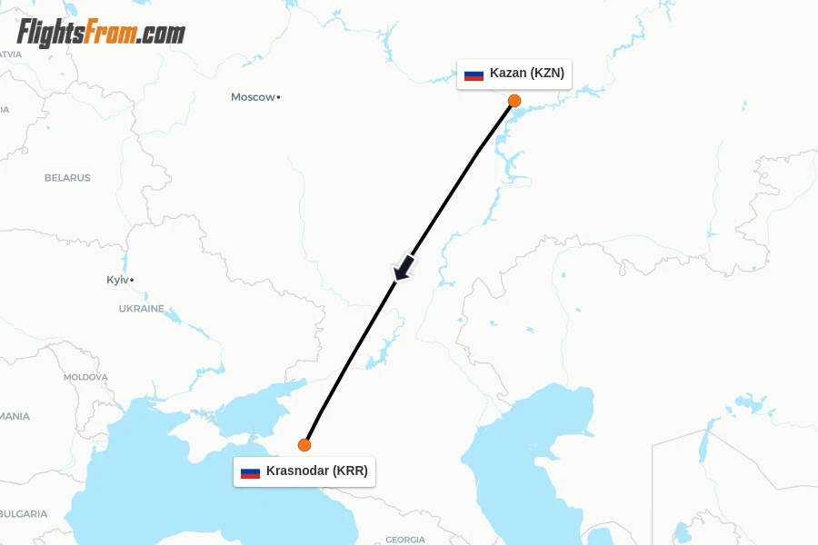 Flights from Kazan to Krasnodar route map