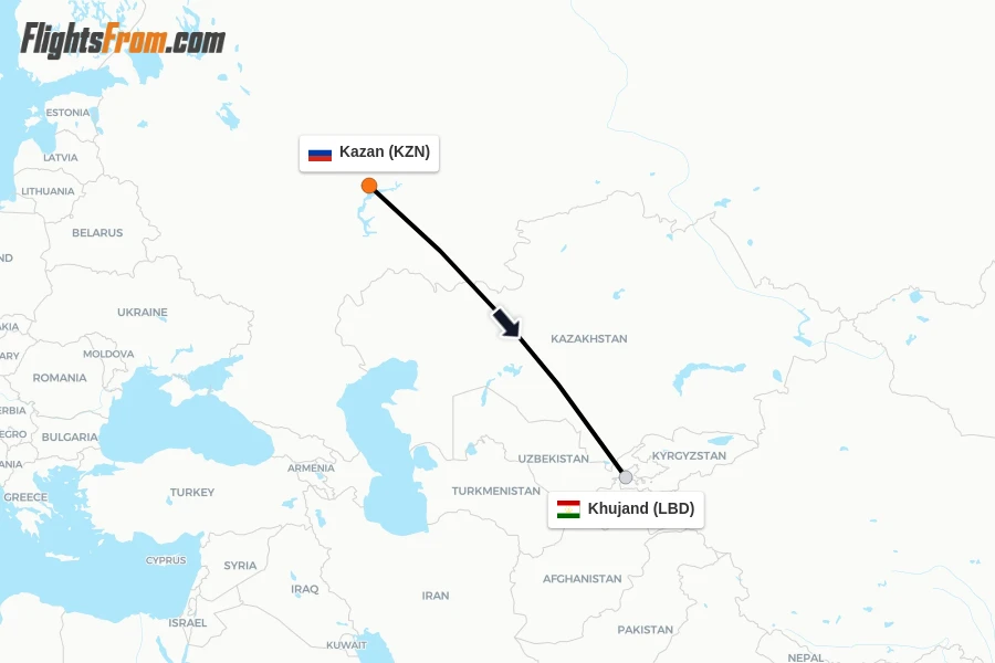 Flights from Kazan to Khujand route map