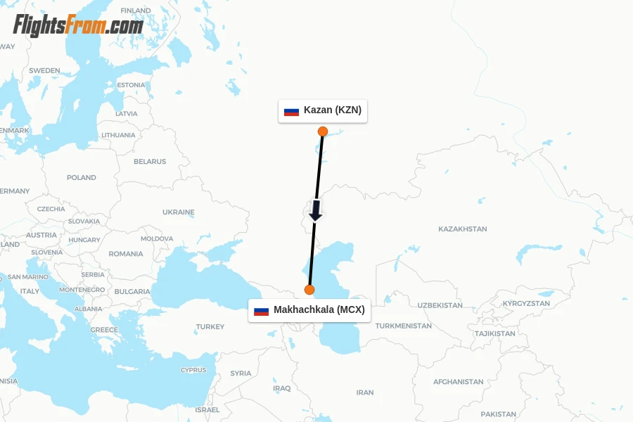 Flights from Kazan to Makhachkala route map