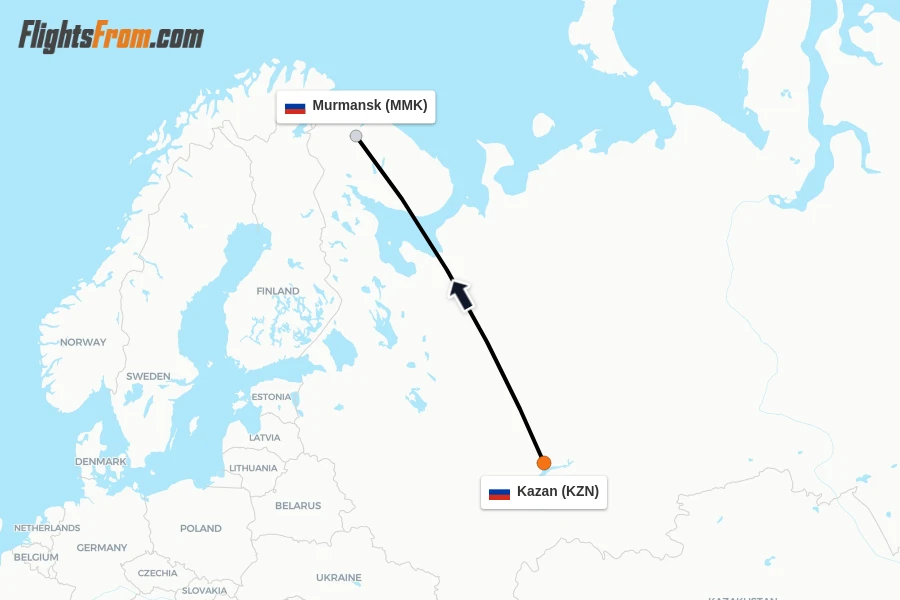 Flights from Kazan to Murmansk route map